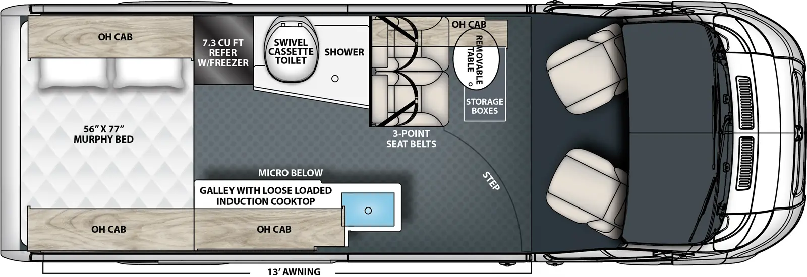 The Pixel P 2.0M floorplan has one entry and zero slide outs. Exterior features include: 13'1" awning. Interiors features include: murphy bed.